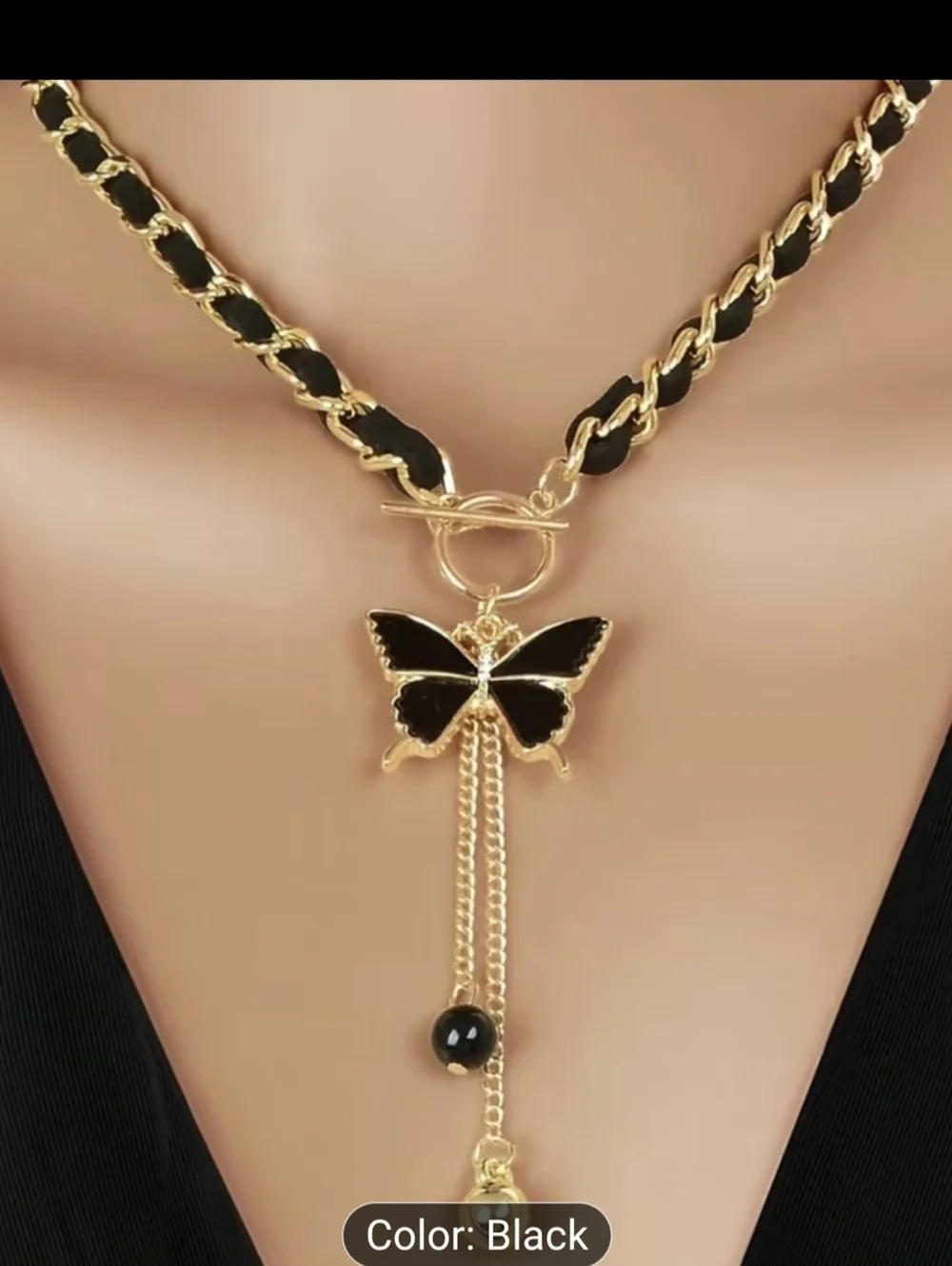 Gold Tone Black Butterfly Necklace Toggle Chain Statement Jewelry, T5B9B